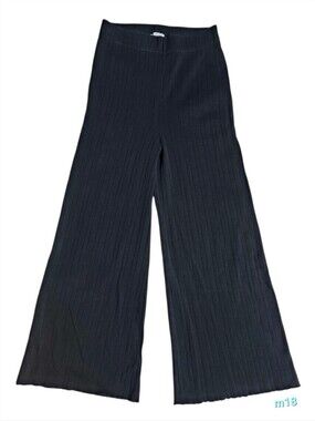 Wray NYC Sabrina Black Ribbed Knit Lettuce Hem Wide Leg Pants